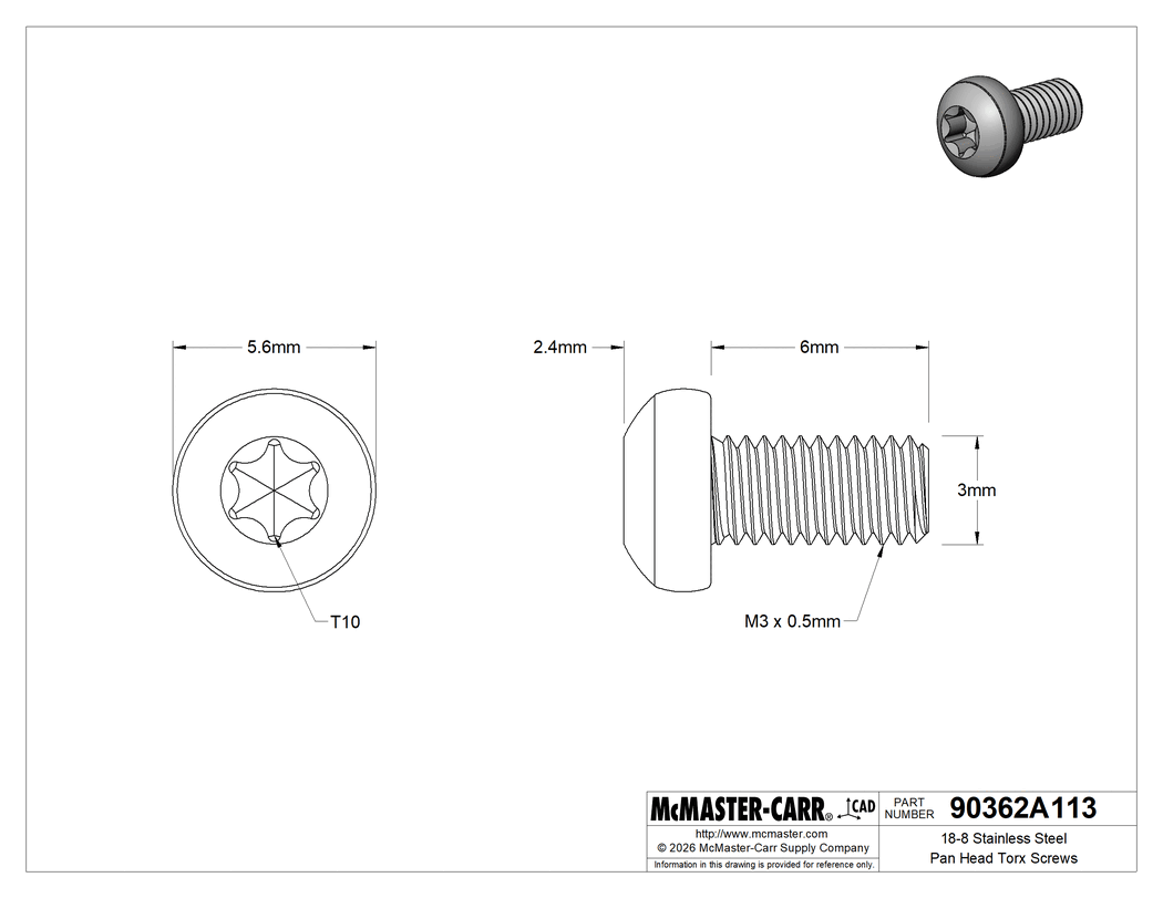 Technical Drawing of 18-8 Stainless Steel Pan Head Torx Screws, M3 x 0.50 mm Thread Size, 6 mm Long.